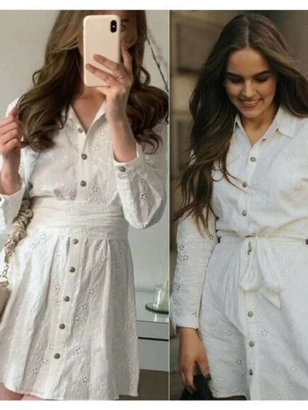 Zara White Eyelet Long-Sleeve Shirt Dress with Waist Tie - Picture 8 of 9